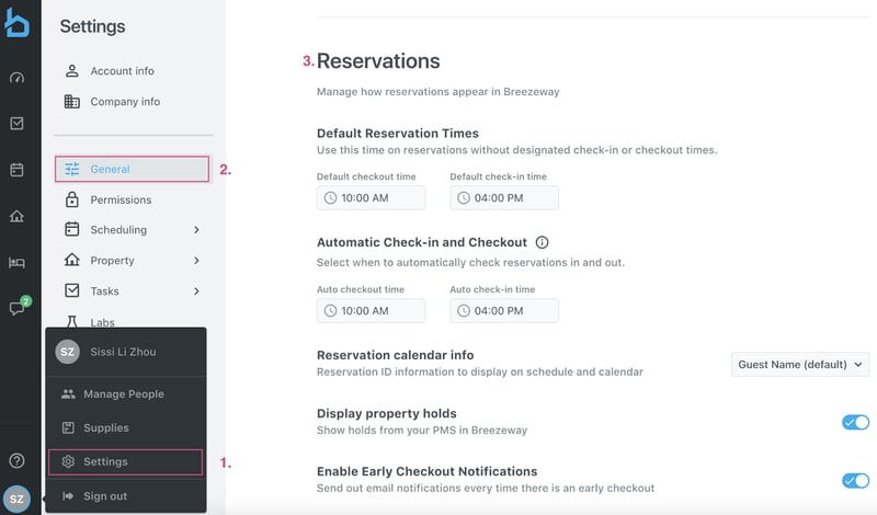 Breezeway platform showing general settings for reservations