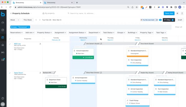 Breezeway dashboard showing property schedule