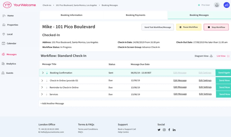 YourWelcome dashboard showing booking messages