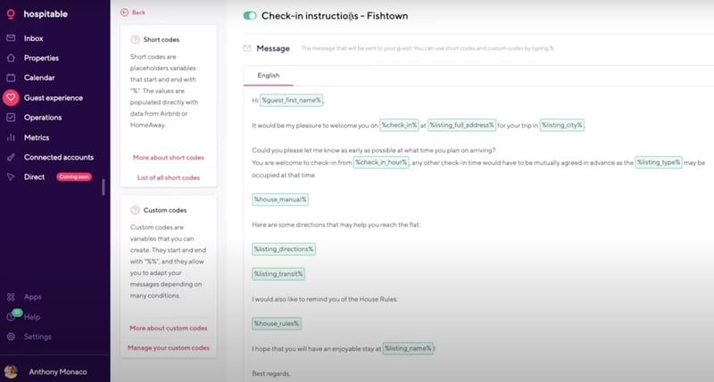 Hospitable dashboard showing check-in instruction creation