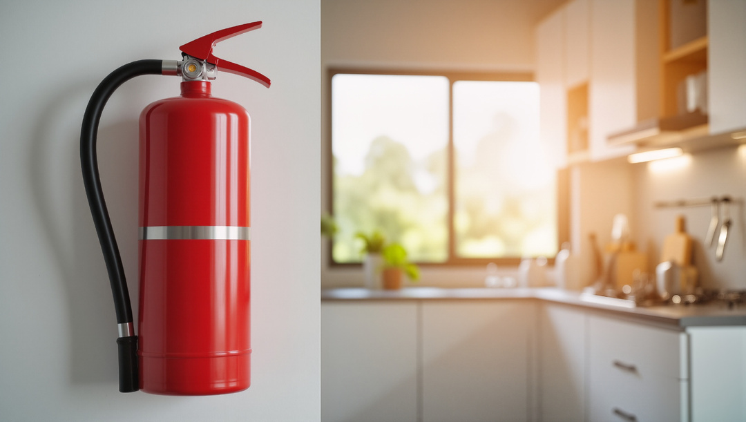 Fire extinguisher mounted on the wall in a home kitchen