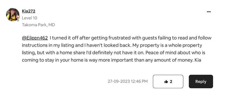 Airbnb Community Center post talking about downsides of Instant Book