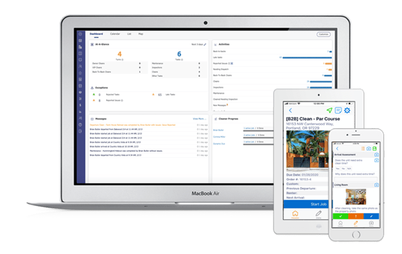 Mockup of EZcare interface on a Macbook, iPad, and iPhone