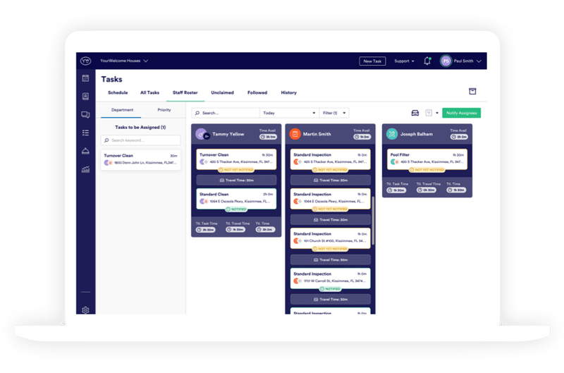 PropertyCare staff roster in a kanban view