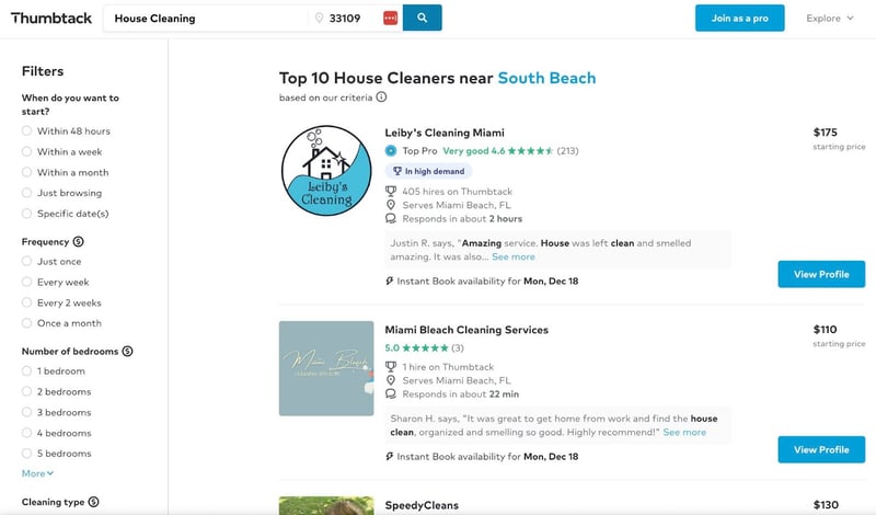 Thumbtack cleaners search page