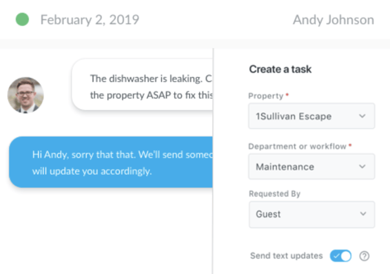 Breezeway digital guide showing a guest message and work order