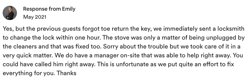Defensive response to a bad Airbnb review but with some form of apology