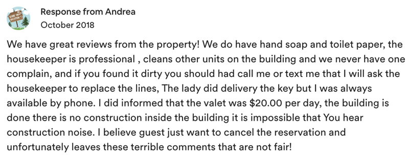 Defensive response to a bad Airbnb review