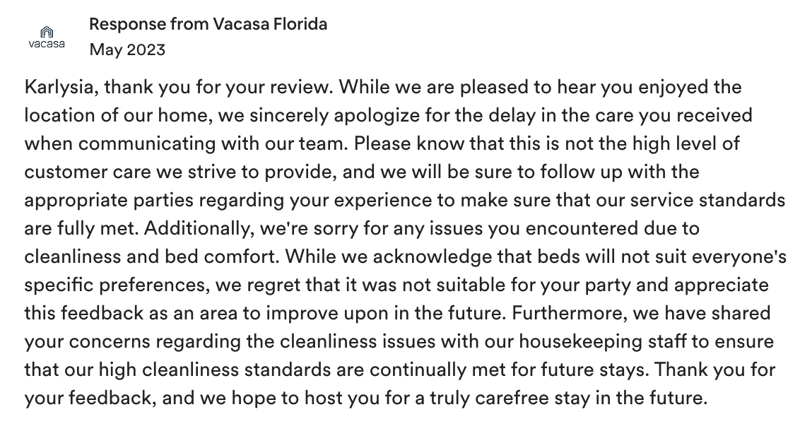  Professional response to a bad Airbnb review but a little long