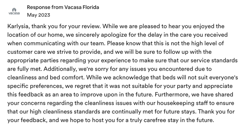 Professional response to a bad Airbnb review but a little long