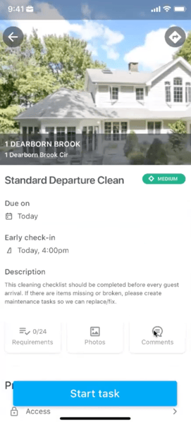 Breezeway mobile app showing cleaning task with checklist