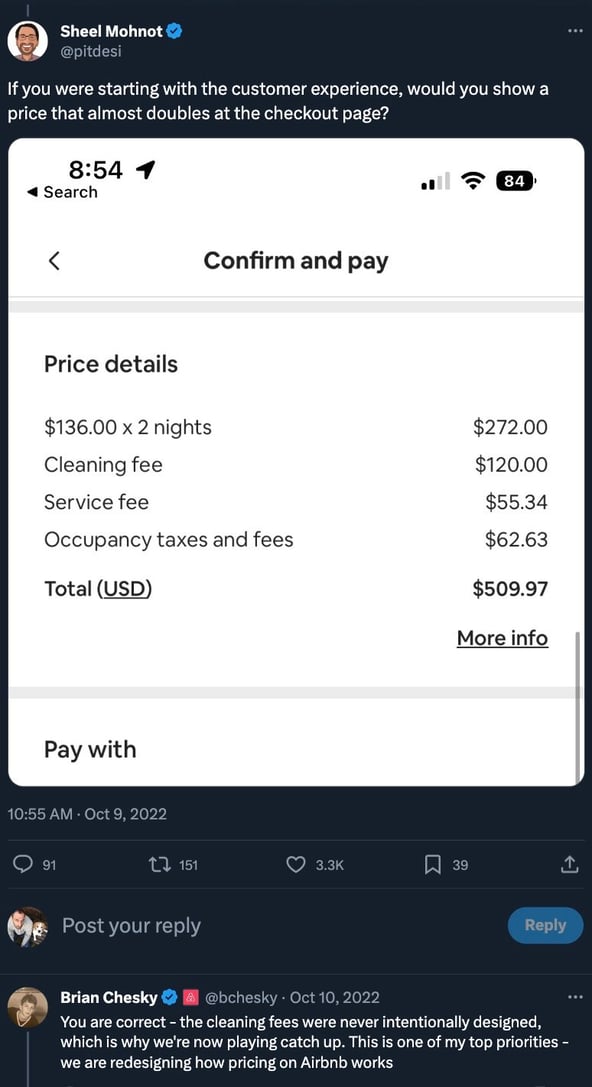Twitter conversation with Airbnb’s CEO about Airbnb’s checkout page