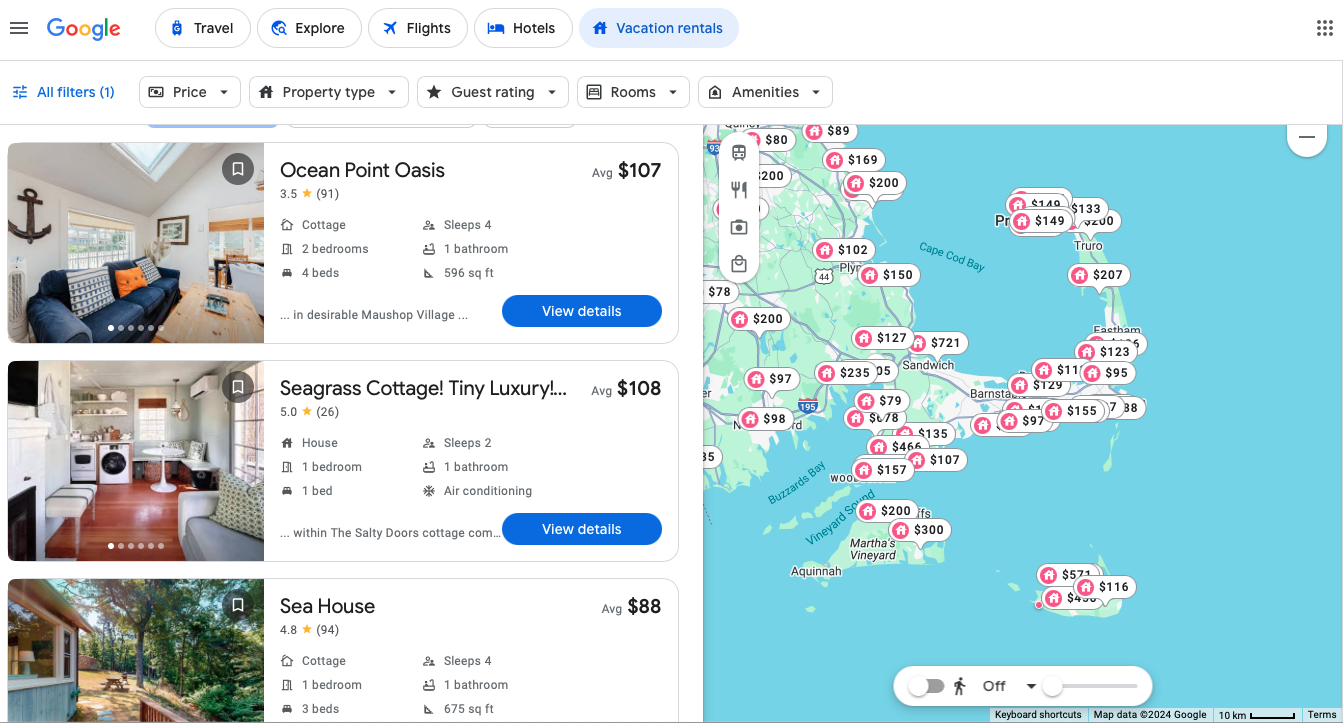 Google Vacation Rentals search function