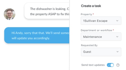A work order being created in response to a guest message in Breezeway
