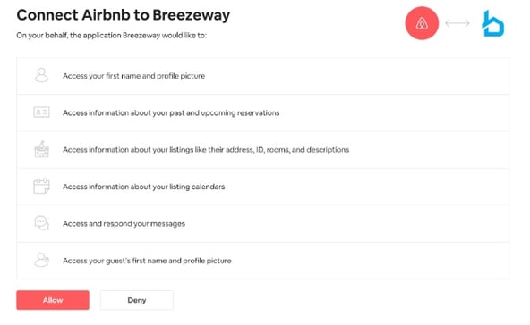 A view of the Airbnb and Breezeway connection screen