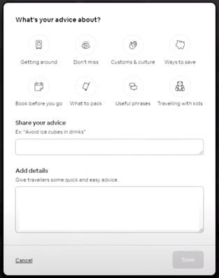 Airbnb guidebook advice creation box